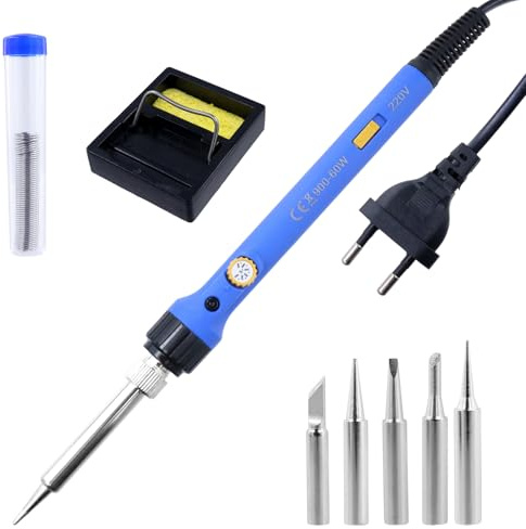 Soldador de estaño, soldador kit de 60 W, hierro de soldadura, temperatura ajustable 200 ~ 480 ℃ Mit ON/OFF, 5 puntas de soldadura, kit de soldadura electrónica para reparación electrónica y bricolaje