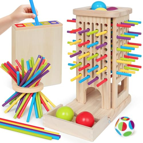 Freyeeti Giochi Montessori per Bambini 3-6 Anni, Gioco da Tavolo in Legno con 40 Bastoncini Colorati, Dado & Box di Legno, Fine Motor Game, Regalo Bambina Bambino 3-9 Anni