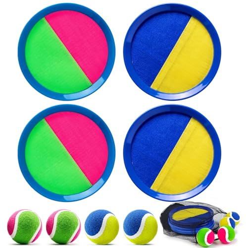 AIZHAZHA Toss and Catch Ball Beach Toys Set, Outdoor Toys Games, Holiday Garden Lawn park Beach Throw and Catch Ball Game for Kids Adults Family Party Game with 4 Sticky Paddles 4 Balls 1 Storage Bag