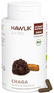 HAWLIK Vitalpilze Chaga Extrakt Kapseln - 240 Kapseln - Mit Vitamin C - Natürlicher Anbau - Schonende Trocknung - Vegan - Zuckerrohr-Dose