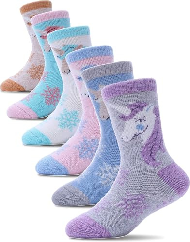 ProEtrade Merino Wool Socks for Kids Toddlers Boys Girls Thick Warm Winter Hiking Heavy Thermal Cozy Crew Boot Unicorn Gift Stocking Stuffers Socks 6 Pack (Unicorn,4-7 Y)