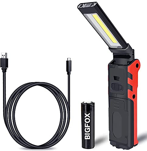 BIGFOX Linterna Taller LED Recargable 2000mAh, Lámpara de Inspección COB y LED 270° Rotate, Puede Ser Usado como Cargador Portátil, Linterna de Trabajo con Base Magnética y Gancho (Grande)