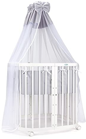 Waldin Babybett aus Holz 7in1 mit Matratze, Mitwachsendes Kinder-Bett, Belüftet, Boden 5-Fach Verstellbar, All-Inclusive-Set, Holz Weiß, Stoffe Grau