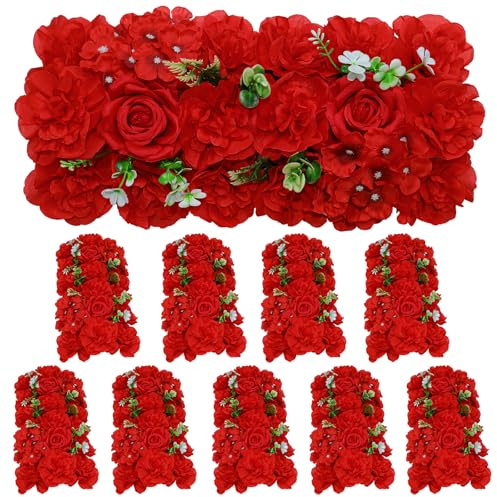 RIDDSEE Wedding Arch Artificial Flowers Panels- 10Pack Faux Floral Swags Rose Silk Realistic Arch Faux Hydrangea Row Arrangement for Romantic Event Wall Reception Ceremony Welcome Sign Decor-Red