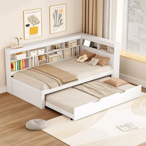 MQLAE Kinderbett Bettgestell 90x200 mit ausziehbares Bett 90x190, Holzbett Doppelbett Jugendbett Funktionsbett mit USB-Steckdose und Mehreren Ablagefächern, Tagesbett Schlafsofa mit Lattenrost (Weiß)
