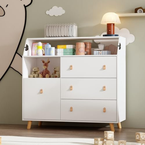 PREMTURE Wickeltisch mit 4 Schubladen, Wickelkommode, Wickeltisch mit offenem Regal, MDF, Weiß, 114cm*46cm*117.5cm