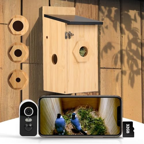 Casas para Pájaros con Cámara HD de 4MP, Caja de Pájaros Resistente a la Intemperie, WiFi de 2.4G y Notificación por Aplicación, Observa el Anidamiento y la Eclosión, Grabación Automática de Videos, A