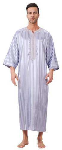 KRIPINC Caftano Uomo a Strisce Argentate, Abaya Uomo Ricamata, Kaftan Marocchino, Jalaba Marocchino Uomo, Vestito Musulmano Uomo, Vestito Arabo Uomo, Abito di Preghiera Musulmano Islamico Arabo (3XL)