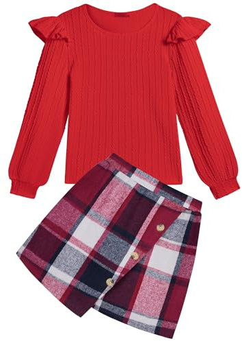Arshiner Ragazze Set di Abbigliamento Bambine Maniche Lunghe con Gonna a Quadri Set Autunno Inverno Casual Elegante due Pezzi Outfit per Ragazze 13-14 Anni