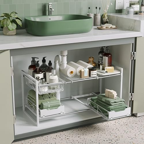 NETEL Under Sink Organizers and Storage,Kitchen Cabinet Organizer,2 Tier Under Sink Expandable Shelves，Bathroom Cabinet Organizer with Pull Out Drawers,(30.9-31.64) W x 14.69 D x 15.83 H,White