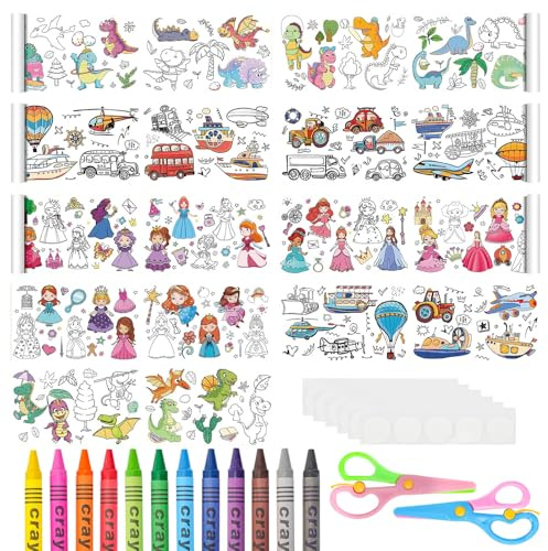 DIYJEP Set di 9 Rotoli di Carta da Disegno, 3 m x 30 cm Rotolo da Colorare con Matita a Cera, Forbici, Nastro Adesivo per Pittura Artistica, Colorazione