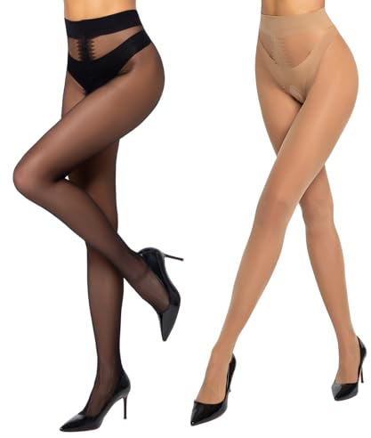 Yilanmy 2 Pairs Sheer Tights for Women, 30D Sheer to Waist Pantyhose Suspender Stockings with Open Crotch