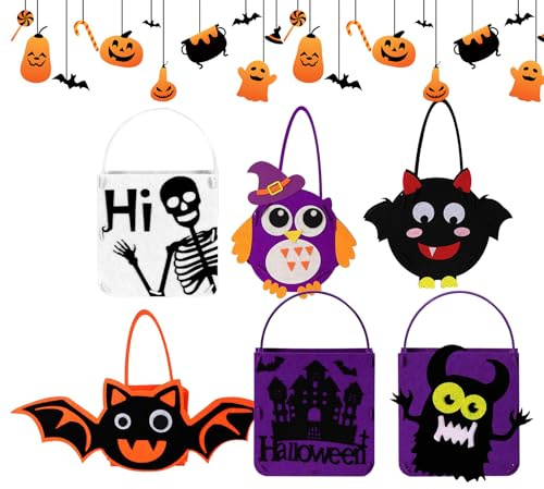 Bolsas Halloween de Caramelos 6 Portadores de Fieltro para Dulces | Bolsas Portátiles de Truco o Trato Para Truco o Trato, Reuniones en Clase, Escuelas y Eventos, Interior y Exterior,