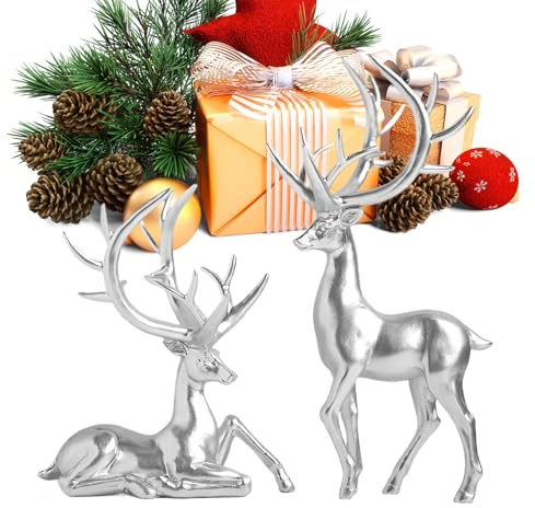 Rentier Weihnachtsdekoration - 2-Teilige Weihnachtsdekoration Aus Harz | Silber und Weiß Rentier Figuren Hausdekoration,Für Schreibtisch Kaminsims Küchenregal Feuerstelle Winterferien und Arbeitszimme
