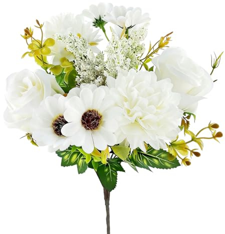 5 st rosbukett Livfull konstgjord pion krysantemumbukett med eleganta rosdetaljer Perfekt för hembröllop och högtidsdekorationer(WHITE)