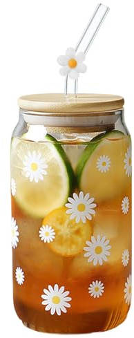 ESYFOR Bicchieri da Acqua con Coperchio e Cannuccia, 454 ml Latte Macchiato Bicchieri da Caffè Design Fmargherita Vetro Bicchiere da Birra per Succhi,Smoothie,Caffè Freddo