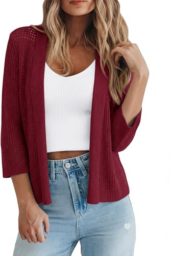 Kistore Boléro en tricot à manches 3/4 pour femme, court et ouvert pour robes, tricot au crochet, cardigan léger pour mariage et bureau, cardigan court doux