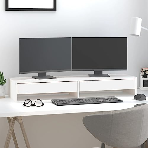 Zentexion monitorstativ vit av massiv furu 100 x 27 x 15 cm med lagringsutrymme och två lådor, ergonomiskt för datorbord, kontorsbord, spelbord och hemmakontor, stabil och platsbesparande