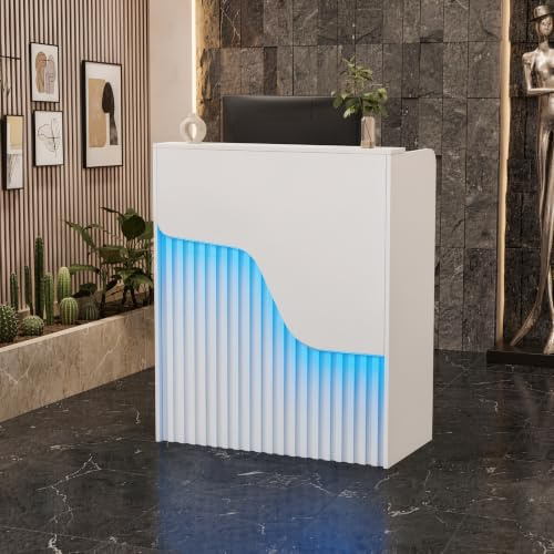 MSFE Mostrador de Recepción con LED Escritorio de Recepción Compacto Mueble de recepción con Cajón con Cerradura Mostrador de Venta Pequeño Mostrador de Tienda para Oficina, Salón, Cafetería