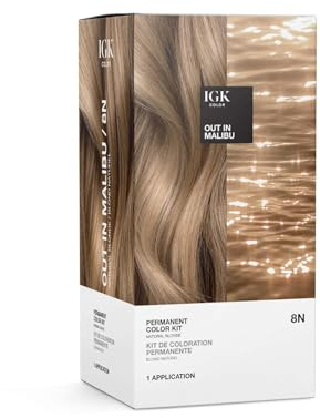 IGK Permanent Hair Dye Color Kit | 8N Out in Malibu - Natural Blonde | 100% Gray Color Coverage + Strengthen + Shine | Ammonia Free