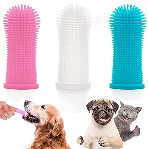 IRYNA 3 Pack 360° Full Surround Cat & Dog Toothbrush, Finger Nontoxic Silicone, Easy Teeth Cleaning, White, Blue, Pink