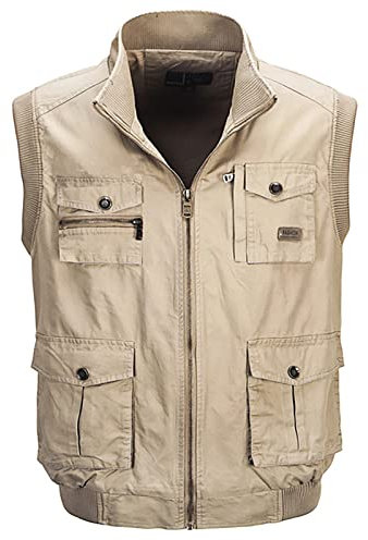 Herren Outdoor Weste Ärmellose Anglerweste mit Vielen Taschen Baumwolle Freizeit Jagd Weste Camping Wander Weste Jacke Reporterwesten Herren Multifunktionsweste,Beige,L