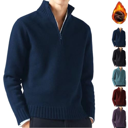 ZHONGLE Hombres Cachemira Cremallera Suéter Básico,Suéter de Punto Casual Jersey de Manga Larga,Sólido suéter de Punto para los Hombres (X-Large,Azul Marino)