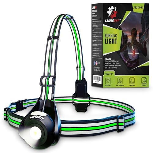 LUMEFIT Run Light Running Lights for Runners Chest LED Lamp 90° Adjustable Beam Angle 500 Lumen 360 Degree Reflective Band USB Rechargeable Front Body Torch Jogging Hiking