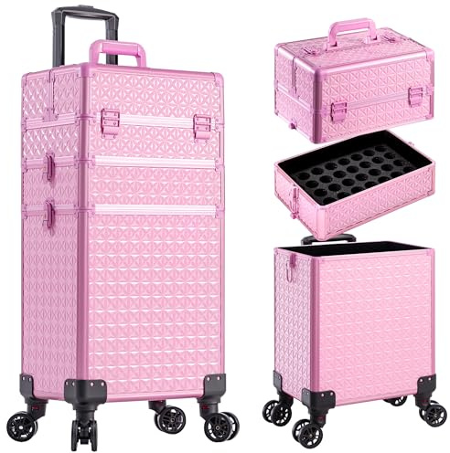 JINGUAN 3 in 1 Rolling Makeup Train Case Professional Large Cosmetic Trolley Cosmetology Case on Wheels Traveling Cart Trunk for Hairstylist Artist Nail Beauty Salon Barber, Pink, Professional