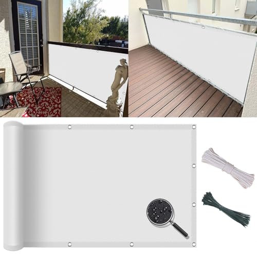 Brise Vue Balcon 60 x 345 cm PES Pare-Vue/Brise/Étanche, Toile de Balcon Basic Panneau de Clôture avec Cordons et Attaches de Câble, pour Terrasse, Jardin, Piscine, Blanc