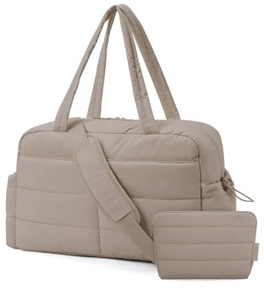 bagsmart 31L Puffer Tote Gym Bag for Women, Weekender Overnight Organiser Personal Item Carry On Bag with Laptop Compartment, Travel Duffer & Trolley Sleeves - Khaki