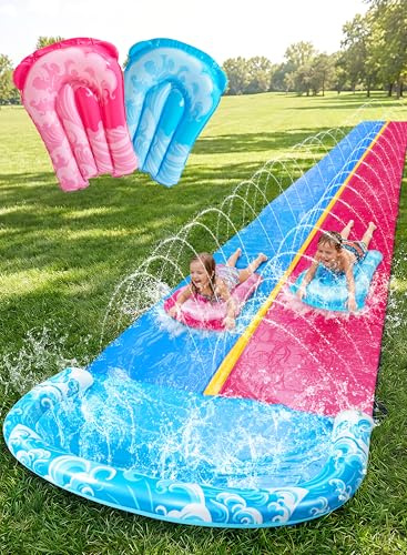 JOYIN 32.5ft/990.6cm Water Slide and 2 Inflatable Boards, Extra Long Slides Heavy Duty Double Lawn Waterslide with Sprinkler for Kids Adults Backyard Summer Water Toy Outdoor Fun,Blue, Pink