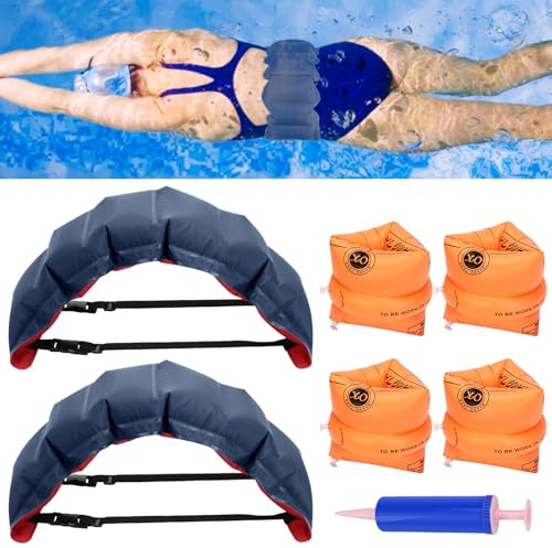 2PCS Swim Belt, 2Pair Arm Floaties, Portable Flotation Arm & Waist Belt for Water Aerobics Women for Adults, Inflatable Swimming Waist, with Inflatable Pump Swimming Beginner