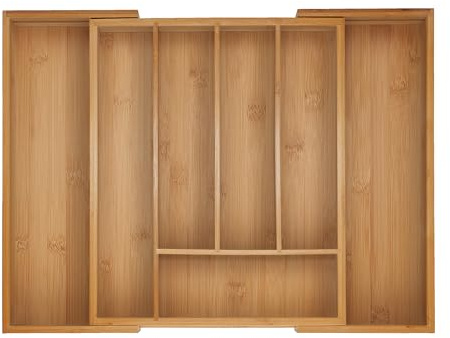 Relaxdays Besteckkasten, 5–7 Fächer, ausziehbarer Besteck Schubladeneinsatz, HxBxT: 5 x 28-44,5 x 33,5 cm, Bambus, Natur