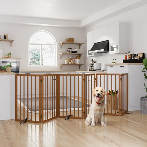 Semiocthome hundgrindar i trä för huset extra breda, 6-panels fristående husdjursgrindar med 4 st metallstativ för dörröppningar och trappor, 82 cm (H) hopfällbara hundstaket inomhus, expanderar upp