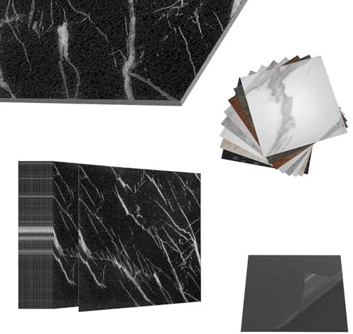ACXIN Pavimento in PVC autoadesivo con effetto piastrelle, piastrelle adesive per pavimenti, impermeabili, per cucina, bagno, soggiorno (effetto pietra nera, 5 m², confezione: 54 piastrelle)