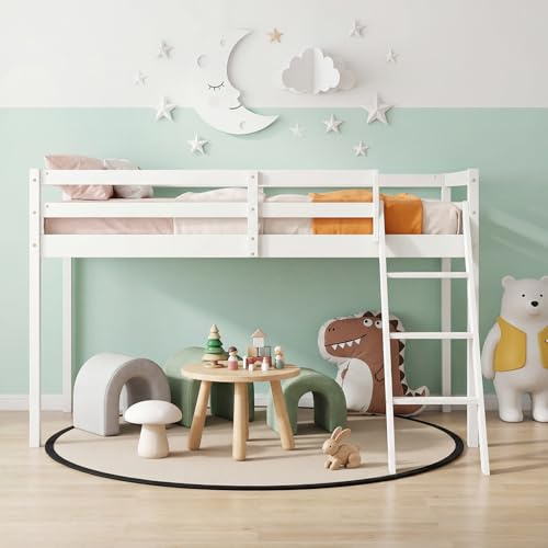 Panana Mid Sleeper with Storage,Solid Wooden Single Loft Bed Frame 3FT Cabin Bed,Space Saving (White, Stair Style)