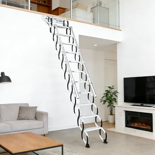 12 Stufen Wandmontierte Dachbodenleiter, Einziehbare mit 2 Handlauf Ausziehbare Klappleiter, Robustem Faltsystem, für Wohnzimmer, Büro, Schlafzimmer, Garage & Balkon (2.9-3.0m/9.5-10ft)