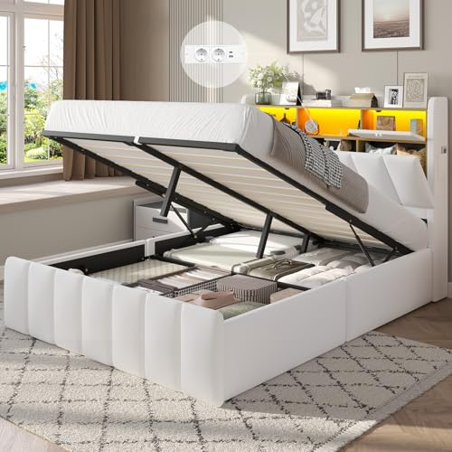 DICTAC Lit Coffre 140x200 avec Rangement – Lit Double à Levage Hydraulique, Éclairage LED, Prises USB/Type-C, Tête de lit Rembourrée avec Rangements – Sommier Inclus – Lit 2 Places Blanc