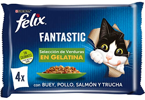 Purina Felix Fantastic Comida Húmeda para Gato Adulto Selección de Surtido de Verduras, 12 Paquetes de 4 Sobres de 85g - 48 Sobres