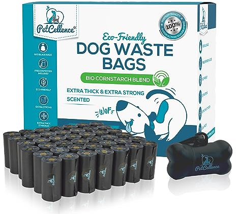 PetCellence Hundekotbeutel, biologisch abbaubar, 660 dickere und stärkere duftende Kotbeutel, 100% auslaufsicher, Maisstärke, umweltfreundlich, 44 Nachfüllrollen mit Spender