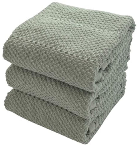 Sage Green Kitchen Dish Towels: 100% Cotton Cloth Soft Cleaning Drying Absorbent Textured Terry Loop, Set of 3 Multipurpose for Everyday Use