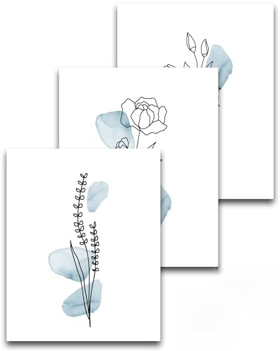 HesenDot Unframed 30x40cm Blue Floral Wall Art Set of 3 | Flower Canvas Prints, Boho Line Posters, Minimalist Botanical Home Decoration for Bathroom Living Room Bedroom Girl Room