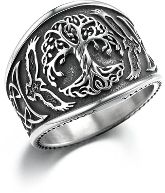 GTHIC Anillos vikingos de acero inoxidable para hombres, árbol de la vida, cuervo nórdico, nudo celta, anillo para mujer, amuleto vintage, regalo de joyería, tamaño 7