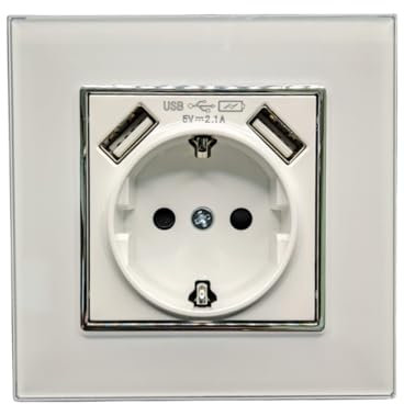 Jandei - Enchufe Schuko 2P+T 16A con 2 USB 5V 2.1A, Decoración Elegante Pared Interior, Fácil de Instalar, Incluye Marco y Mecanismo, Cristal Templado Color Blanco