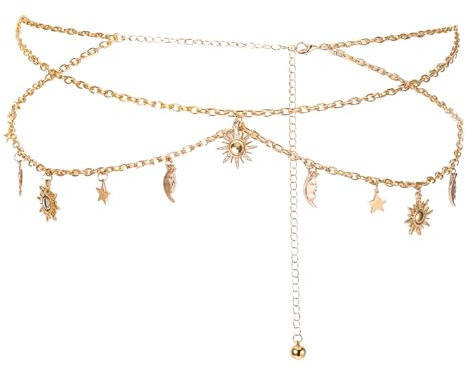 Qianyu Goldfarbener Kettengürtel Verstellbarer Metall-Gliedergürtel Eleganter Mehrlagiger Schmaler Kettenbund Gürtel mit Sonnen Monddekor Taillenkette Dünne Bundkette für Damen Westernjeans Karneval