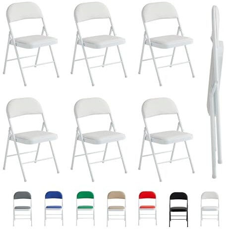 mcc direct Set of 6 Folding Chairs, Faux Leather Foldable Chairs with Metal Frame and Padded Seat, Easy to Fold and Store for Home, Office, Dining and Reception (White)