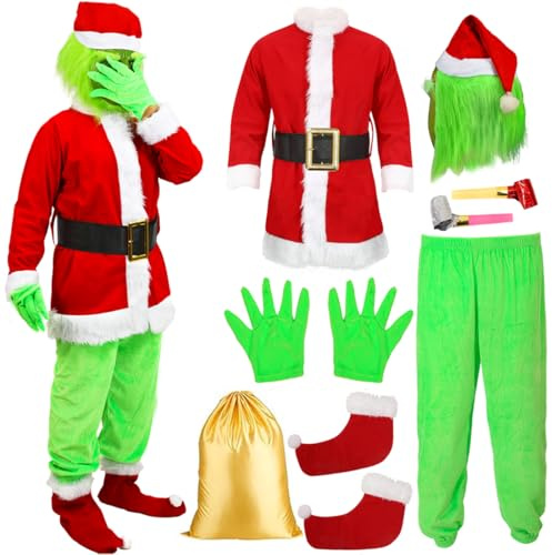 SINSEN Disfraz de Navidad para adultos, disfraz de Papá Noel con máscara, monstruo verde, traje de Papá Noel, disfraz de cosplay de Navidad