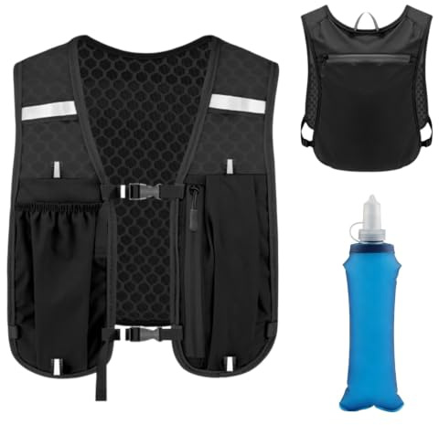 Gilet de Course pour Homme et Femme,Sac à Dos de Course avec Gourde de 500ml,Gilet Hydratation Running,Léger et Respirant,Sangle de Poitrine Réglable,Grand Stockage,pour Courir Cyclisme Marathon