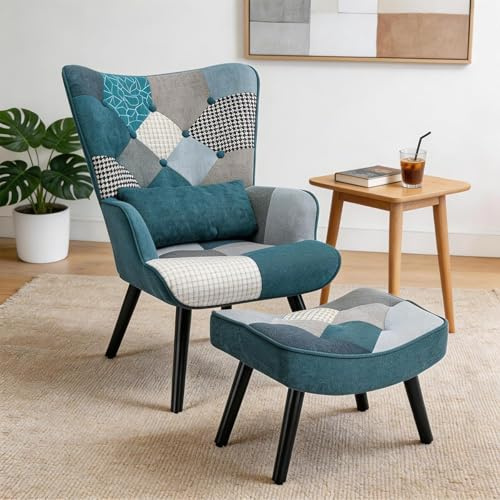 HomeMiYN Fauteuil Patchwork Scandinave avec Repose-Pieds Support Lombaire | Fauteuil de Lecture Confortable avec Bois Massif, Tissu Lin et Design Ergonomique, pour Salon, Chambre ou Balcon, Bleu